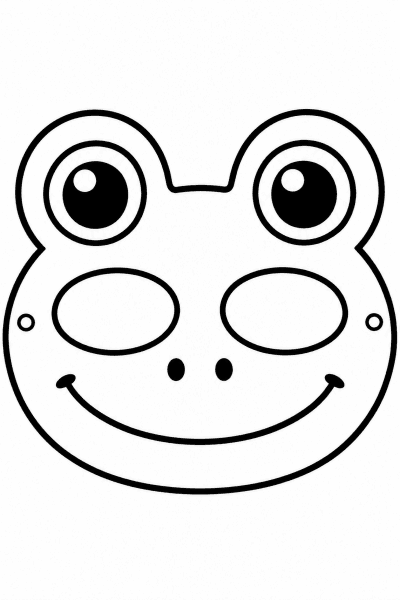 Omaľovánka žabej masky s veľkými očami, širokým úsmevom a otvormi na oči