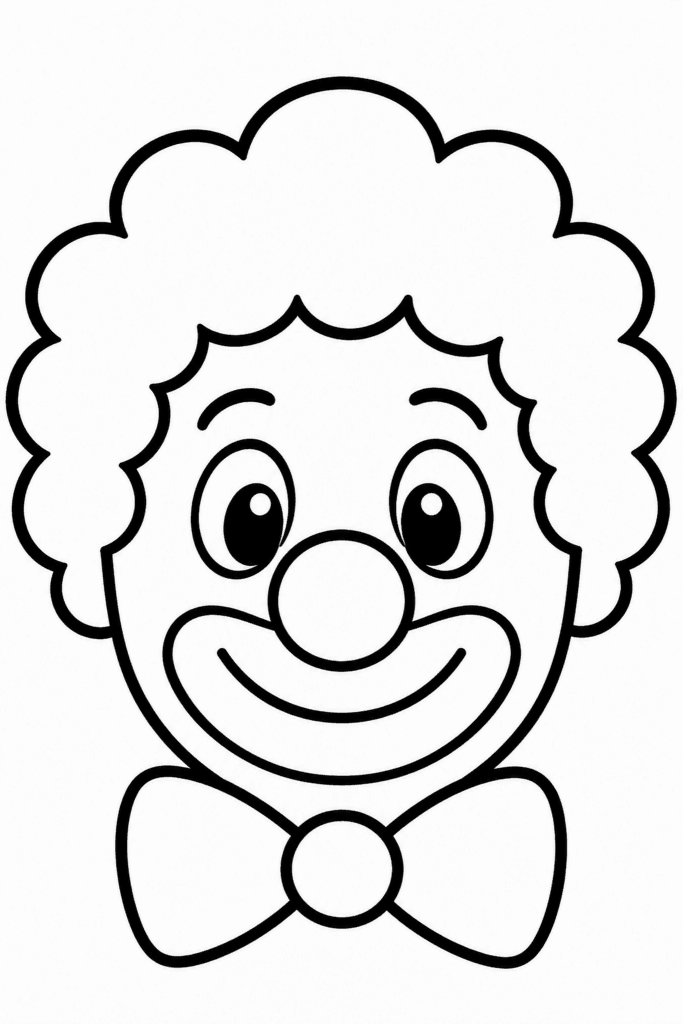 Omaľovánka klauna s okrúhlym nosom, kučeravou parochňou a motýlikom