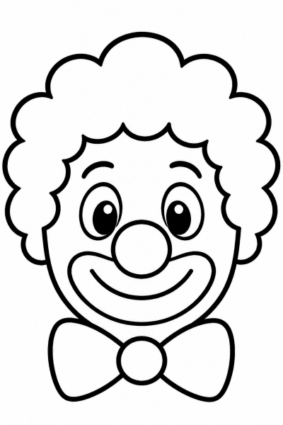 Omaľovánka klauna s okrúhlym nosom, kučeravou parochňou a motýlikom