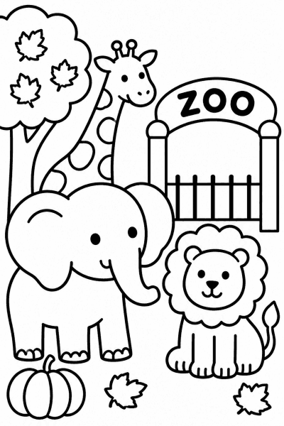 Omaľovánka žirafy, slona a leva v zoo pri stromčeku s jesennými listami