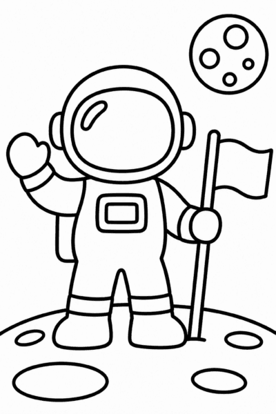 Omaľovánka astronauta s vlajkou na Mesiaci a okrúhlym objektom na oblohe