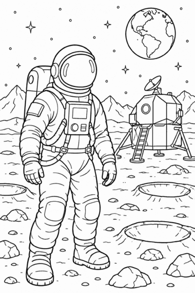 Omaľovánka astronauta na povrchu Mesiaca s pristávacím modulom a Zemou na oblohe