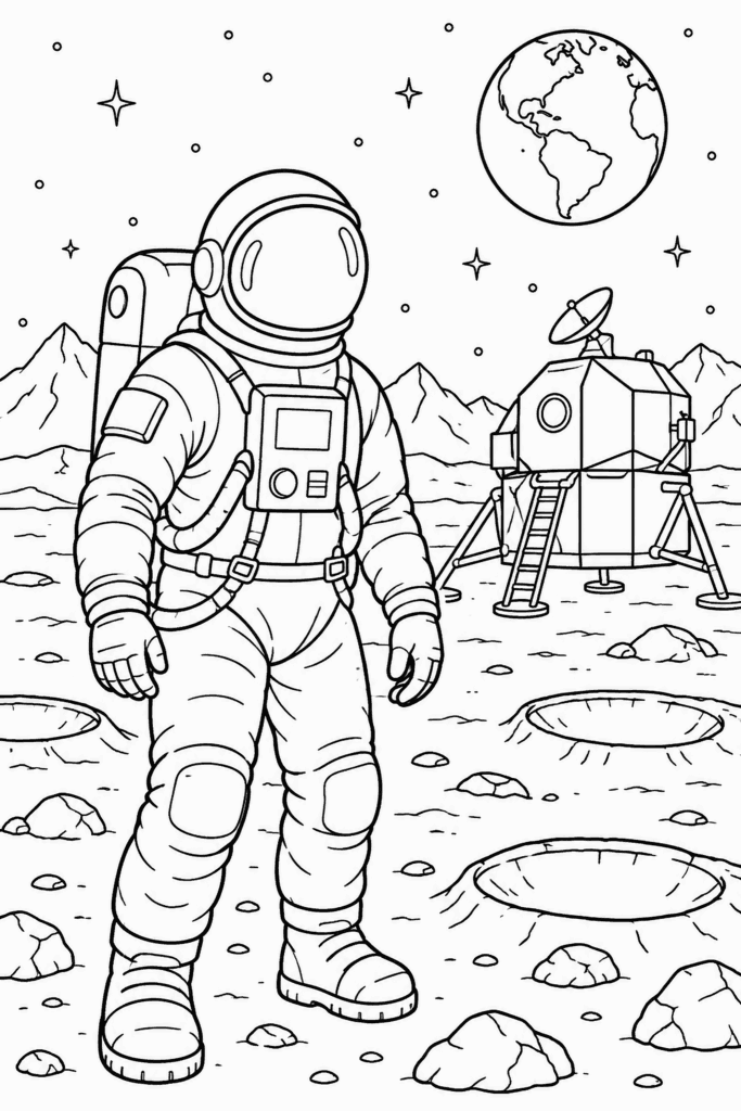 Omaľovánka astronauta na povrchu Mesiaca s pristávacím modulom a Zemou na oblohe
