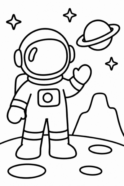 Omaľovánka astronauta stojaceho na cudzej planéte pod hviezdami a planétou s prstencom