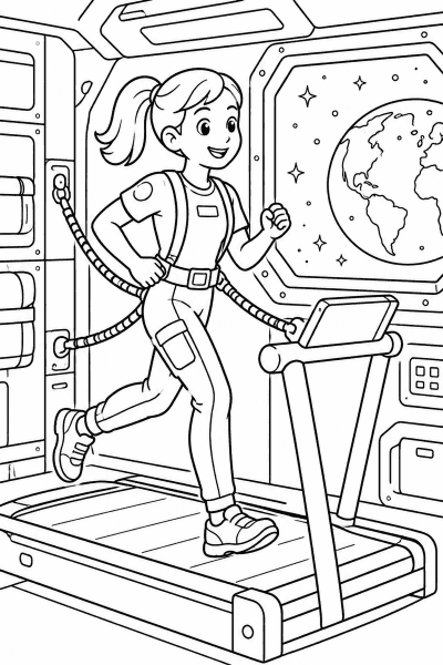 Omaľovánka astronauta bežiaceho na páse vo vesmírnej stanici, za oknom Zem