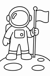 Omaľovánka astronauta v skafandri stojaceho na povrchu Mesiaca s vlajkou