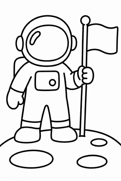 Omaľovánka astronauta v skafandri stojaceho na povrchu Mesiaca s vlajkou