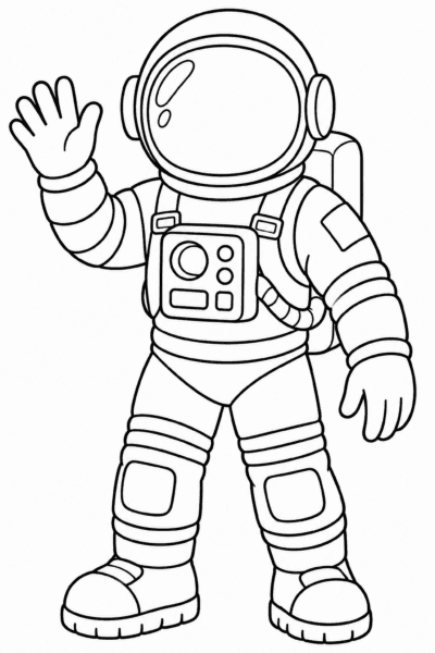 Omaľovánka astronauta v skafandri s prilbou, ktorý máva rukou