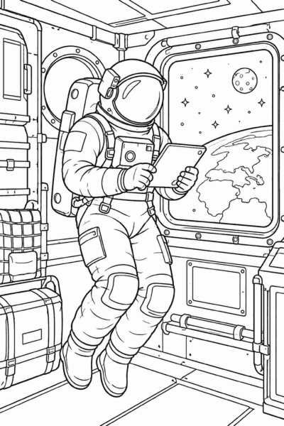 Omaľovánka astronauta s tabletom vo vesmírnej stanici s výhľadom na Zem a Mesiac