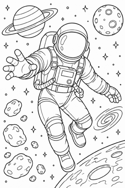 Omaľovánka astronauta, ktorý pláva vesmírom medzi planétami a asteroidmi