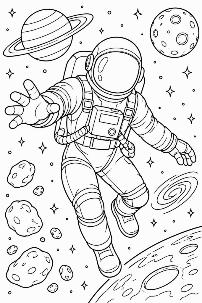 Omaľovánka astronauta, ktorý pláva vesmírom medzi planétami a asteroidmi