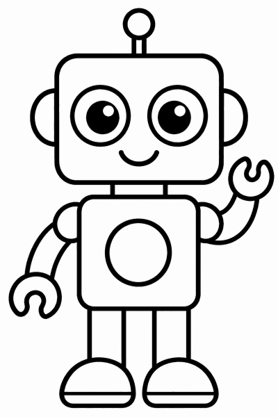 Omaľovánka usmievavého robota so štvorcovou hlavou, okrúhlymi očami a anténkami