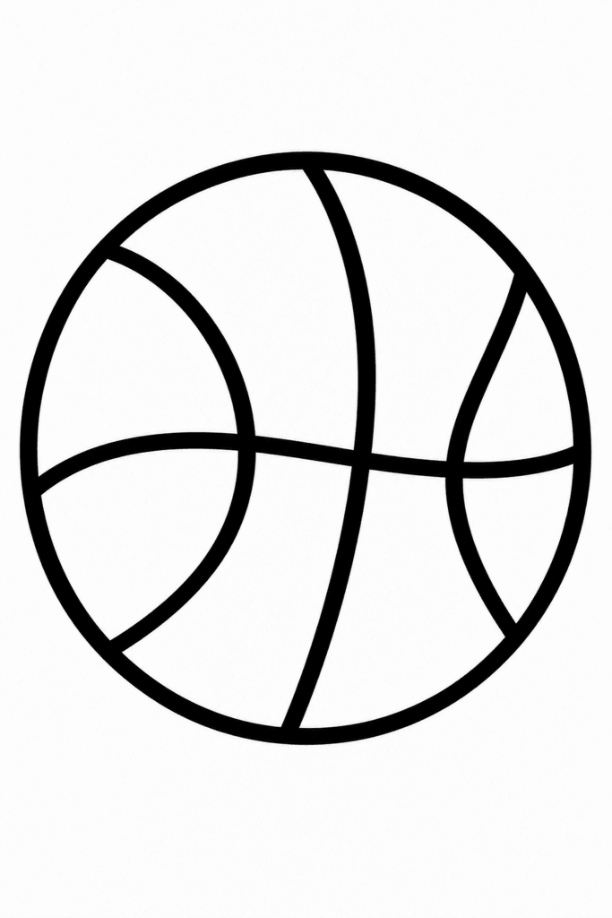 Omaľovánka basketbalovej lopty s výraznými obrysmi a zakrivenými pruhmi