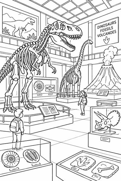 Omaľovánka múzea s kostrami dinosaurov, fosíliami a modelom sopky