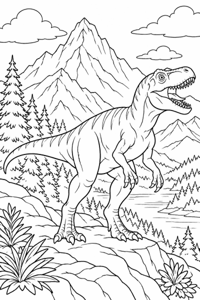 Omaľovánka dinosaura na skalnatom výbežku s horami a lesom v pozadí