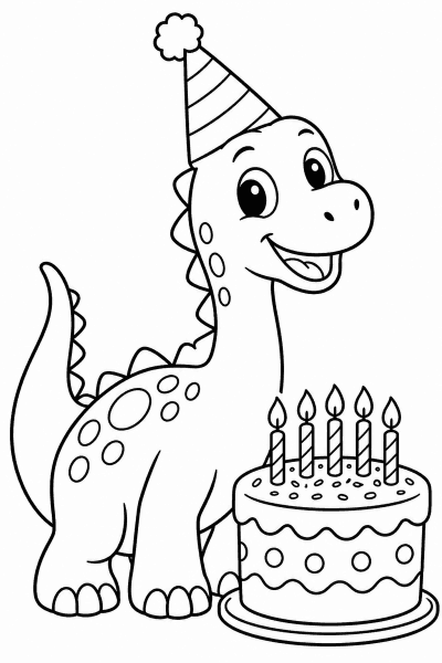 Omaľovánka dinosaura s párty klobúčikom a tortou s horiacimi sviečkami