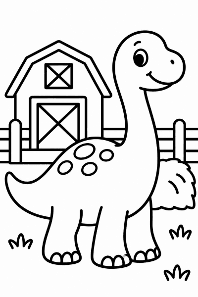 Omaľovánka roztomilého dinosaura stojaceho pred stodolou na vidieku