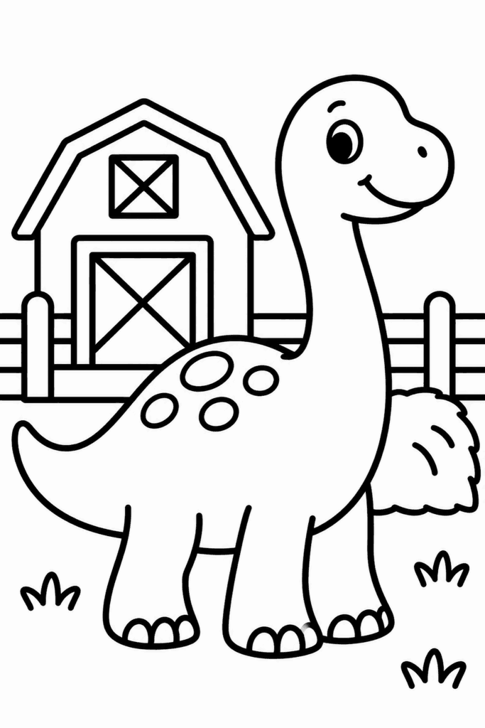 Omaľovánka roztomilého dinosaura stojaceho pred stodolou na vidieku