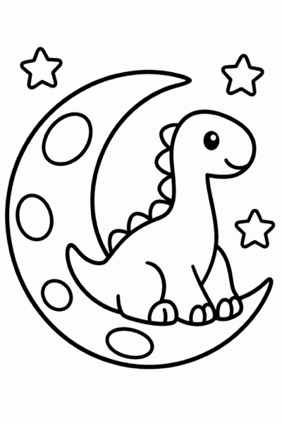 Omaľovánka dinosaura, ktorý sedí na mesiaci s dvoma hviezdami
