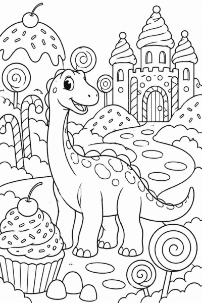 Omaľovánka dinosaura medzi lízankami, cukrovými palicami, hradom a muffinom