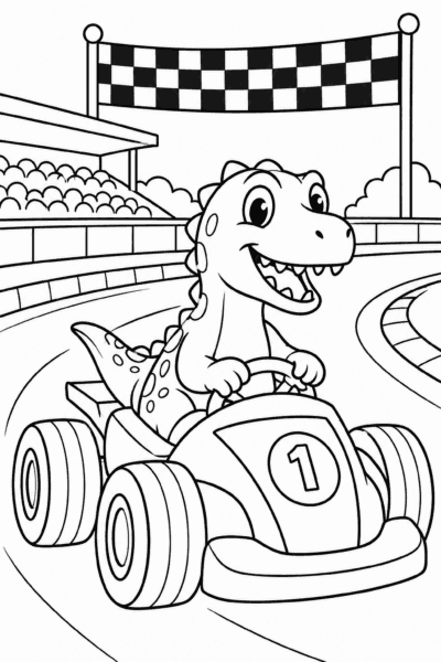 Omaľovánka dinosaura, ktorý riadi motokáru na pretekárskej dráhe