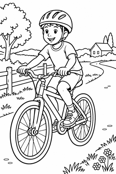 Omaľovánka usmiateho dieťaťa s prilbou na bicykli na vidieckej ceste
