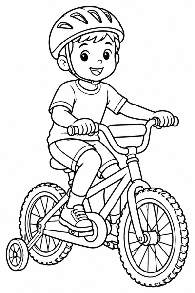 Omaľovánka dieťaťa s prilbou, ktoré jazdí na bicykli s pomocnými kolieskami