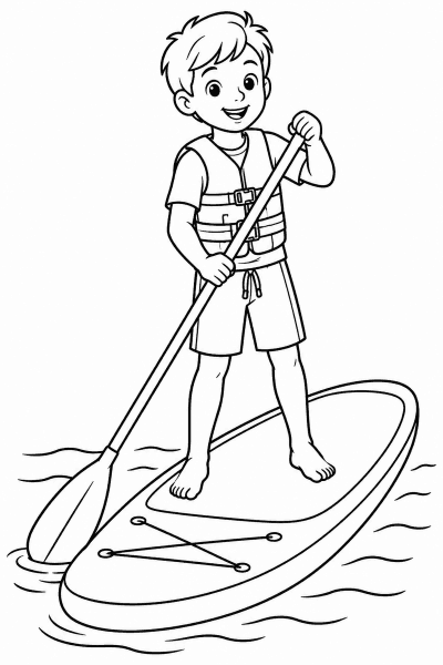 Omaľovánka dieťaťa v plávacej veste stojaceho na paddleboarde s pádlom