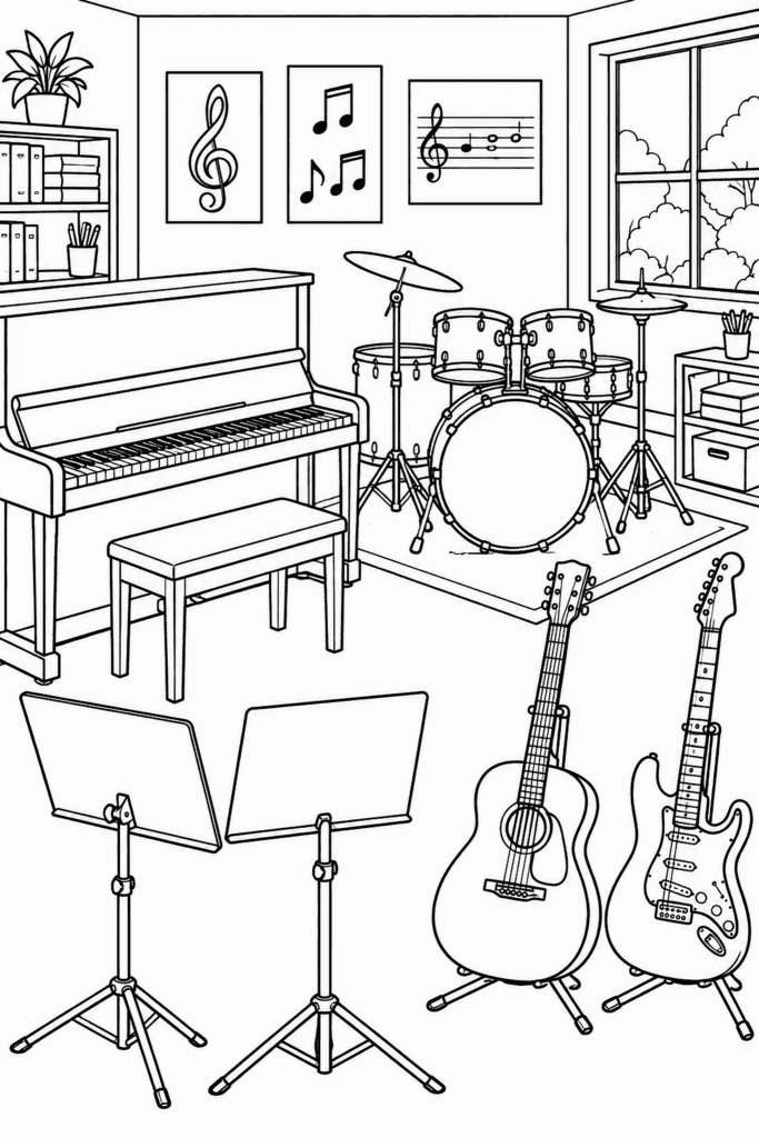 Omaľovánka hudobnej miestnosti s klavírom, bicími, gitarami a notovými stojanmi