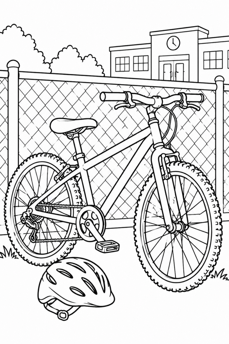 Omaľovánka bicykla opretého o školský plot a prilby na zemi