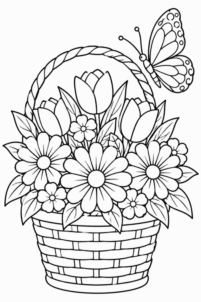 Omaľovánka košíka s tulipánmi a sedmokráskami, ktorý zdobí motýľ