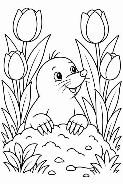 Omaľovánka krta, ktorý vykúka z hliny medzi vysokými tulipánmi