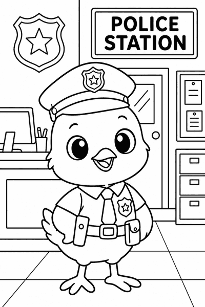 Omaľovánka kuriatka v policajnej uniforme s čiapkou a odznakom pred stanicou