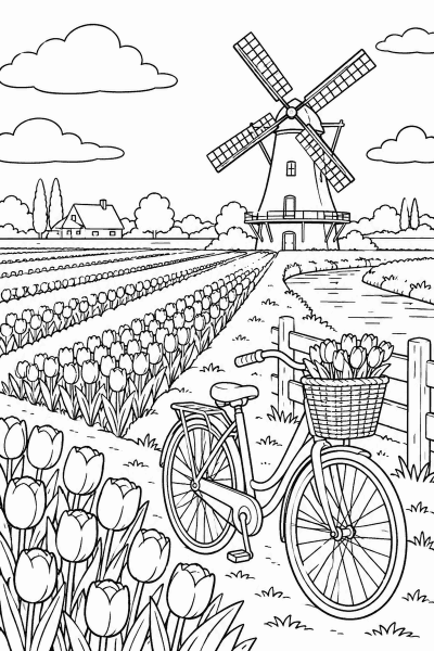 Omaľovánka veterného mlyna medzi radmi tulipánov s bicyklom a košíkom kvetov
