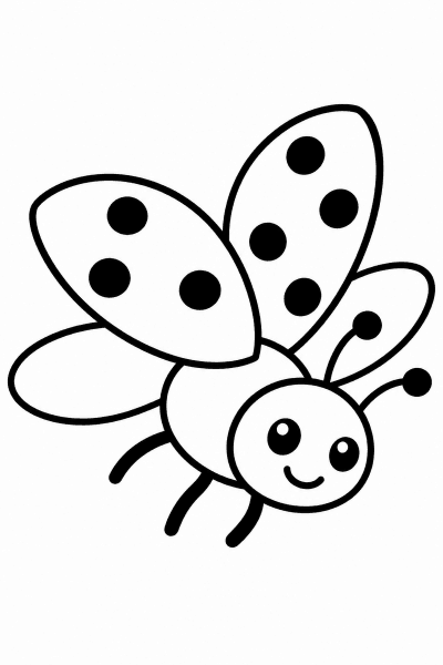 Omaľovánka usmievavej lienky, ktorá letí s bodkovanými krídlami