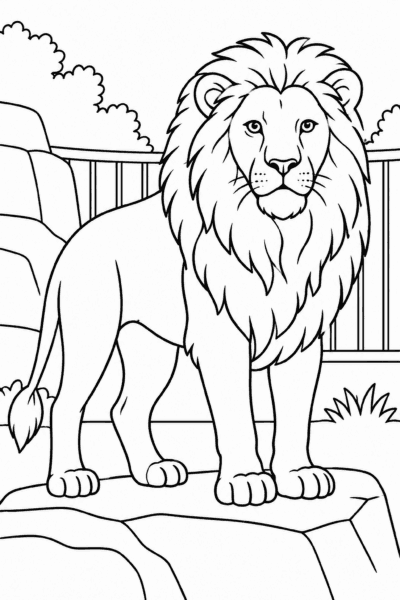 Omaľovánka leva stojaceho na kameni v zoo pred plotom