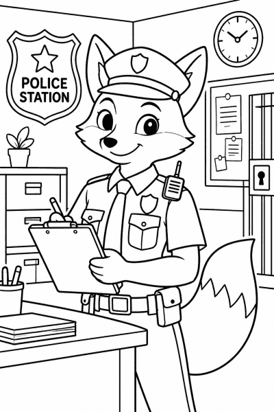 Omaľovánka líšky v policajnej uniforme s doskami v kancelárii