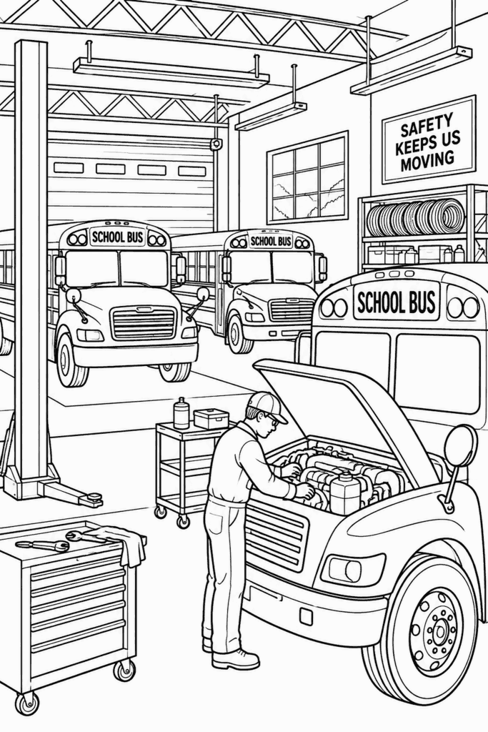 Omaľovánka mechanika, ktorý pracuje pod kapotou školského autobusu v garáži