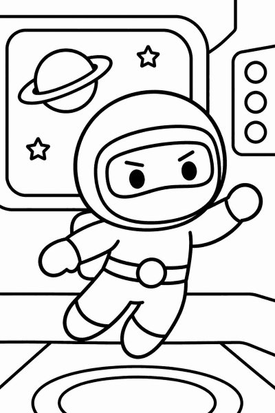 Omaľovánka nindžu astronauta v prilbe vo vesmírnej stanici s planétou a hviezdami