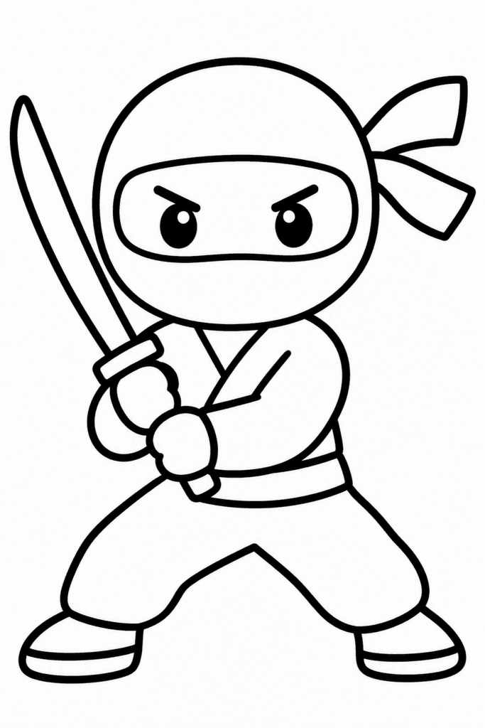 Omaľovánka roztomilého nindžu, ktorý drží meč, v štýle chibi