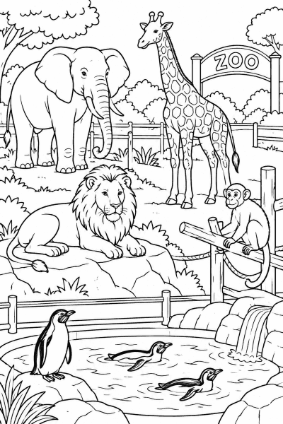 Omaľovánka zoo so slonom, žirafou, levom, opicou a tučniakmi v bazéne
