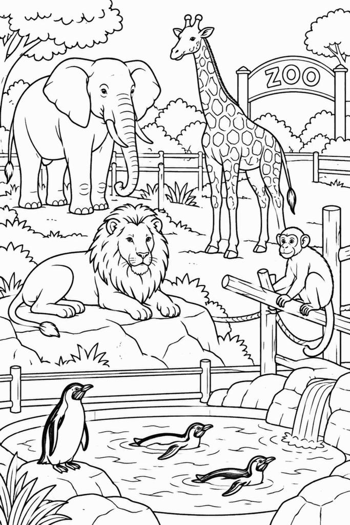 Omaľovánka zoo so slonom, žirafou, levom, opicou a tučniakmi v bazéne