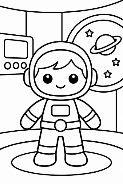 Omaľovánka bábiky astronautky vo vesmírnej stanici s planétou a hviezdami v pozadí