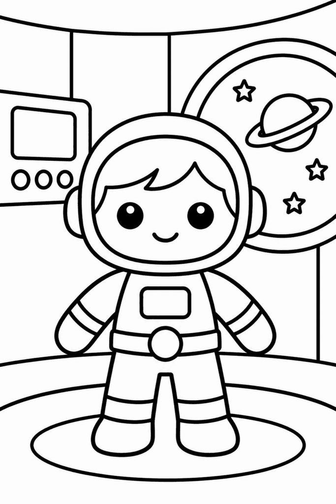 Omaľovánka bábiky astronautky vo vesmírnej stanici s planétou a hviezdami v pozadí