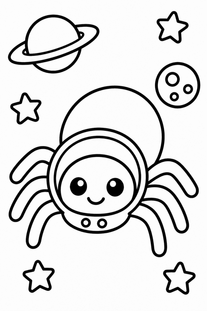 Omaľovánka pavúka v astronautskom obleku medzi hviezdami a planétami
