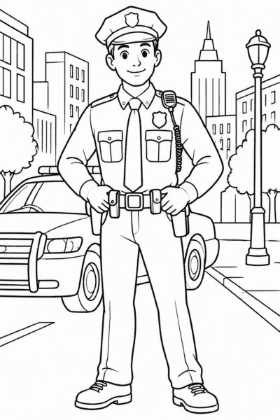 Omaľovánka policajta v uniforme pred policajným autom v meste