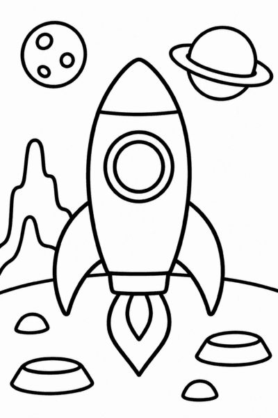 Omaľovánka rakety pristávajúcej na planéte s krátermi a ďalšími planétami na oblohe