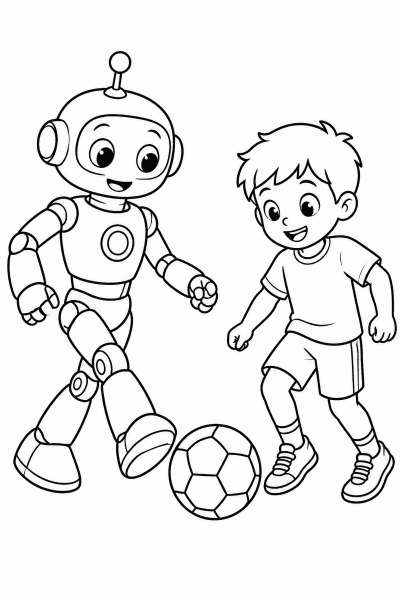 Omaľovánka robota a dieťaťa, ktorí sa spolu hrajú s loptou