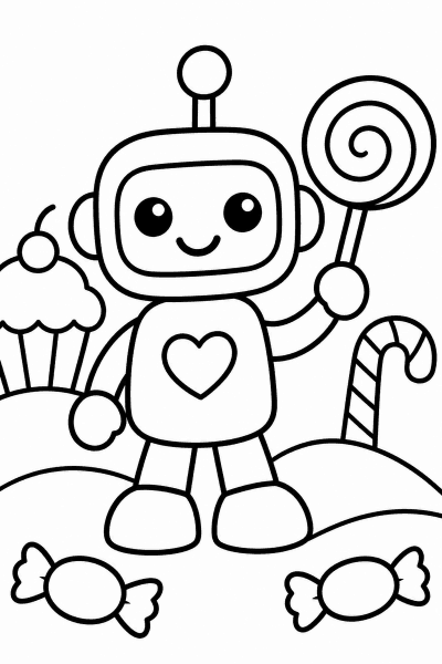 Omaľovánka robota s lízankou vedľa muffinu s čerešňou a cukríkov