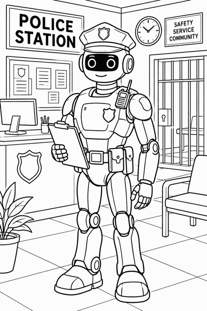 Omaľovánka robota v policajnej uniforme s doskami na policajnej stanici